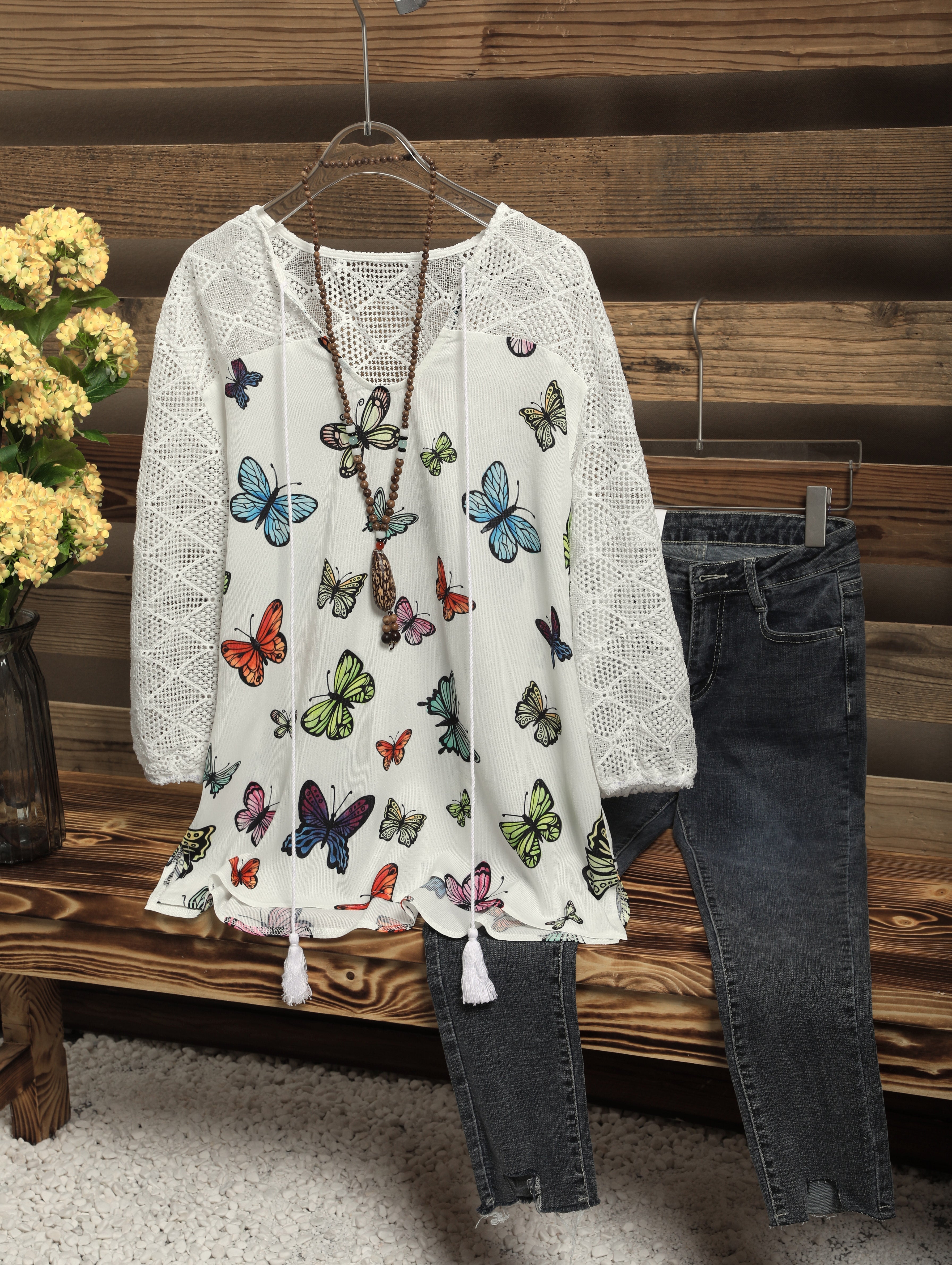 3/4 Sleeve Printed Casual Cotton-Blend Shirts & Tops