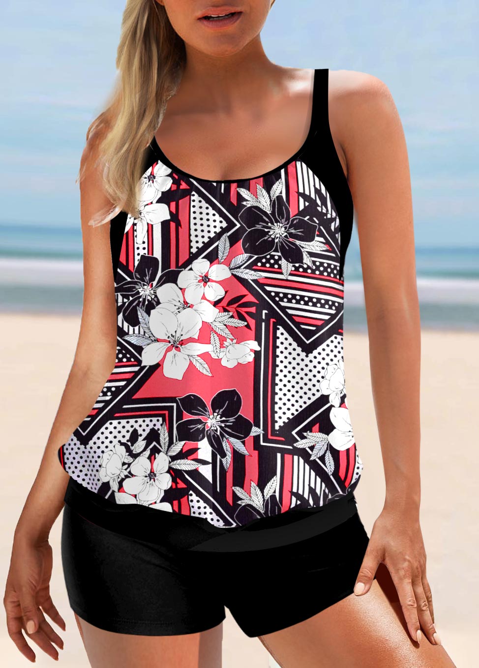 Black Geometric Print Tankini Set
