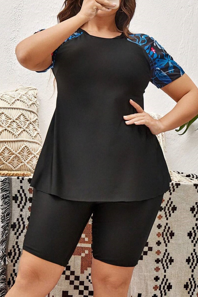 Black Swim SPRTY Plus Tropical Print Raglan Sleeve Bikini Swimsuit With Short Sleeve