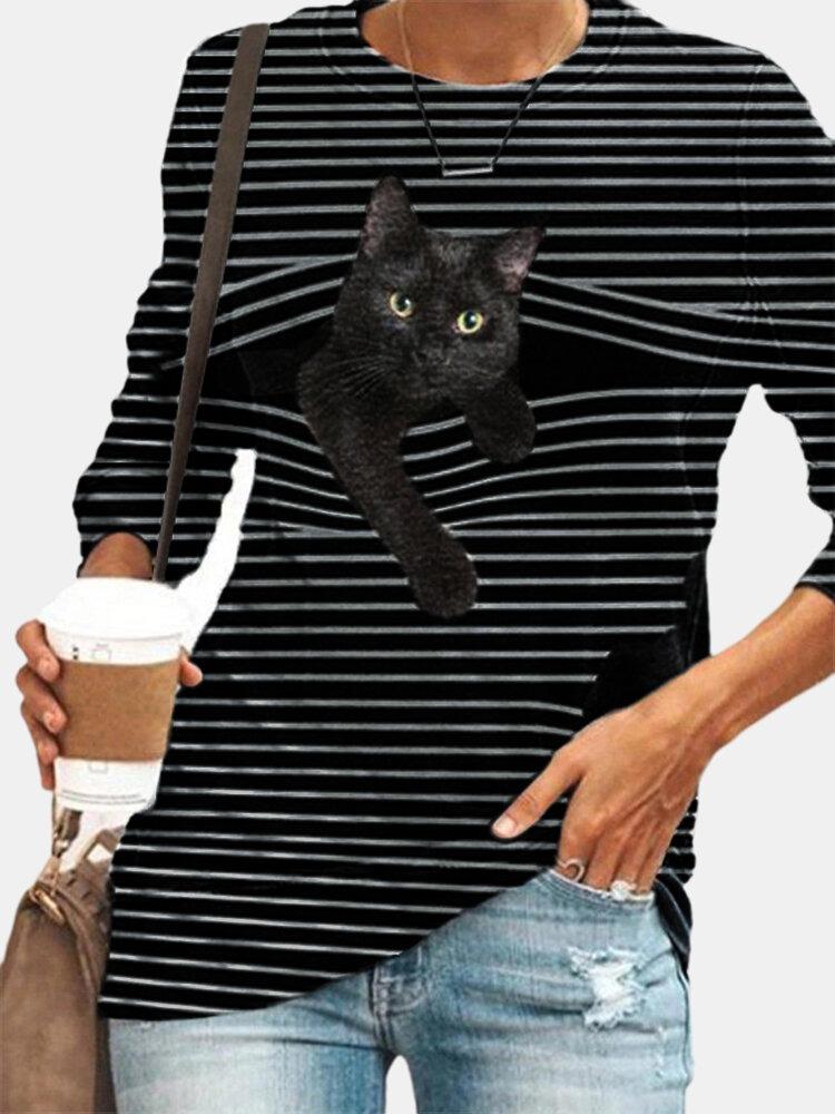 Black Cat Print Long Sleeve O-neck White Striped Plus Size T-shirt